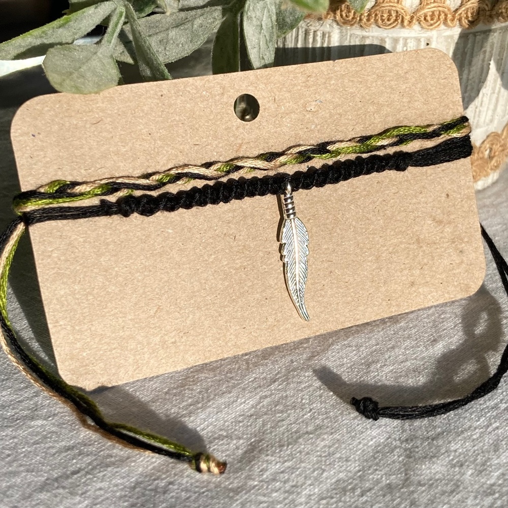 Adjustable Bracelets with Feather Charm, Cotton Bracelets
